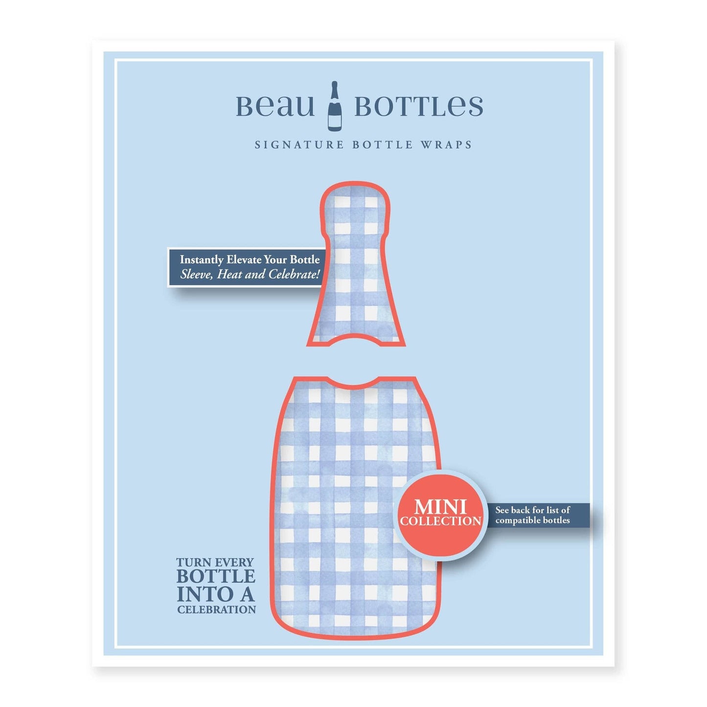 Beau Bottles Powder Blue Picnic Gingham - MINI Prosecco Collection - Set of Six Wraps