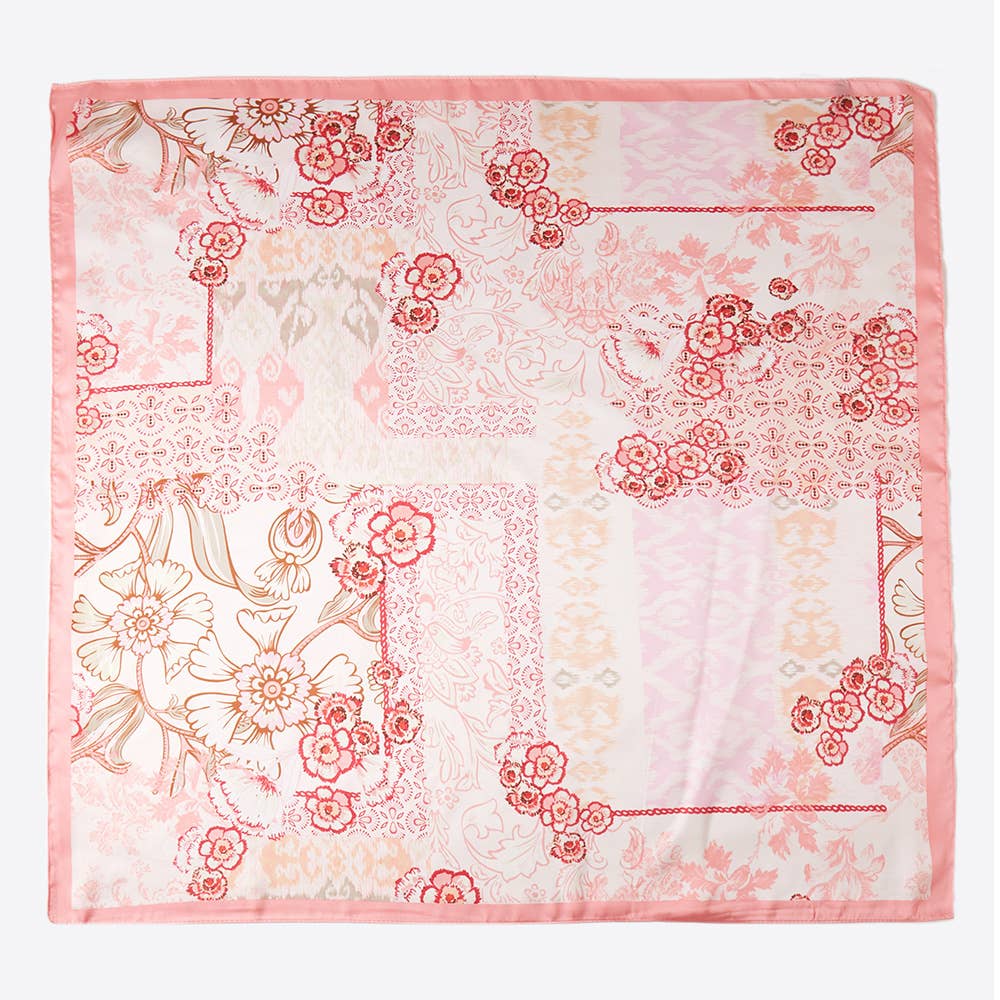 Pastel Floral Patchwork Printed Square Silky Satin Scarf