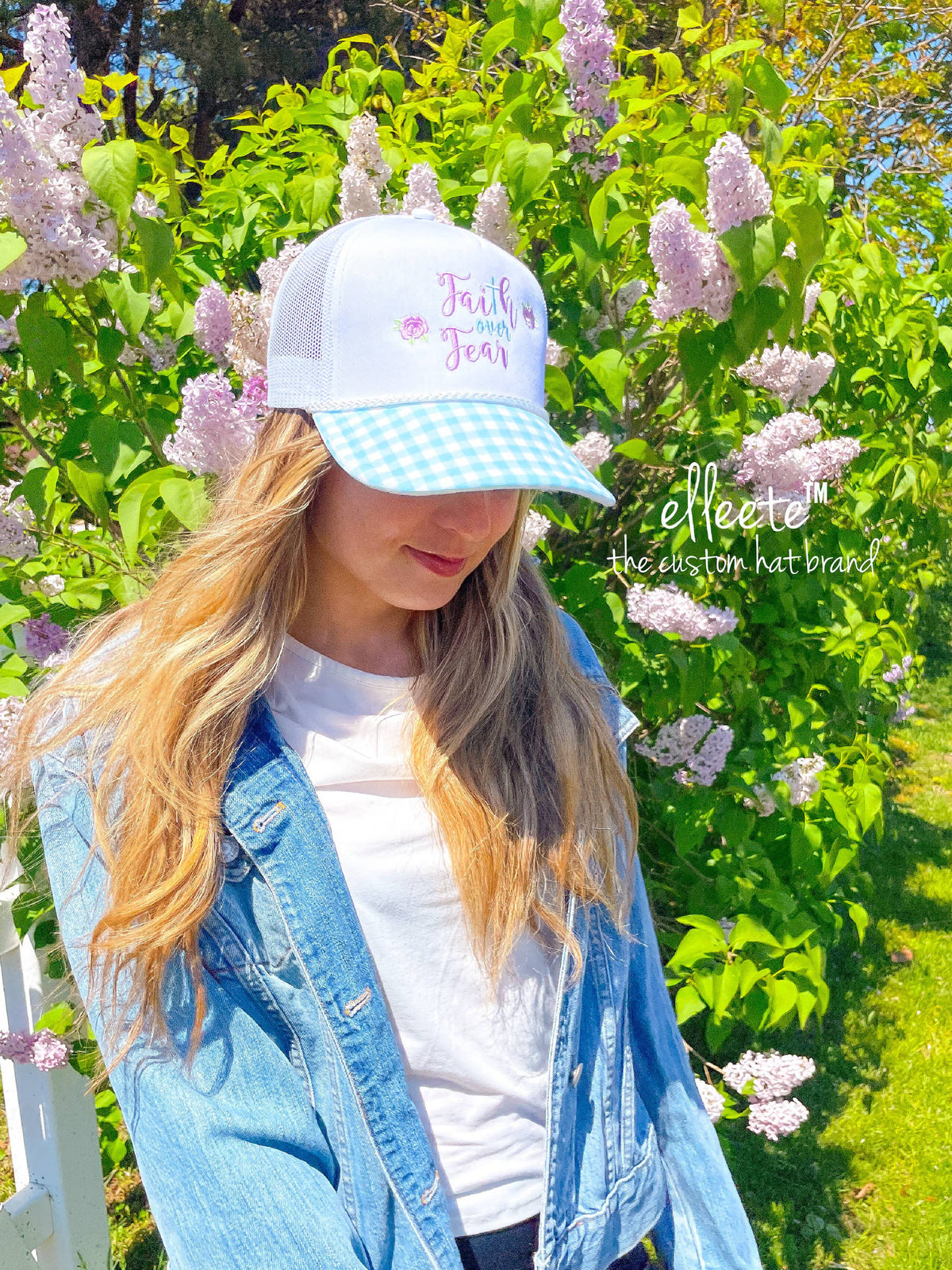 "FAITH OVER FEAR" Embroidered Trucker Hat / Gingham