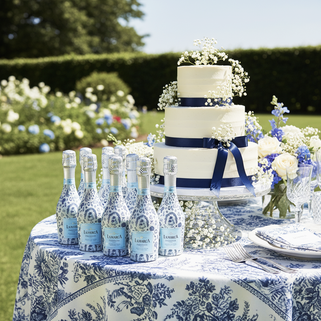 Beau Bottles Blue & Ivory WeddingToile- MINI Prosecco Collection - Set of Six Wraps