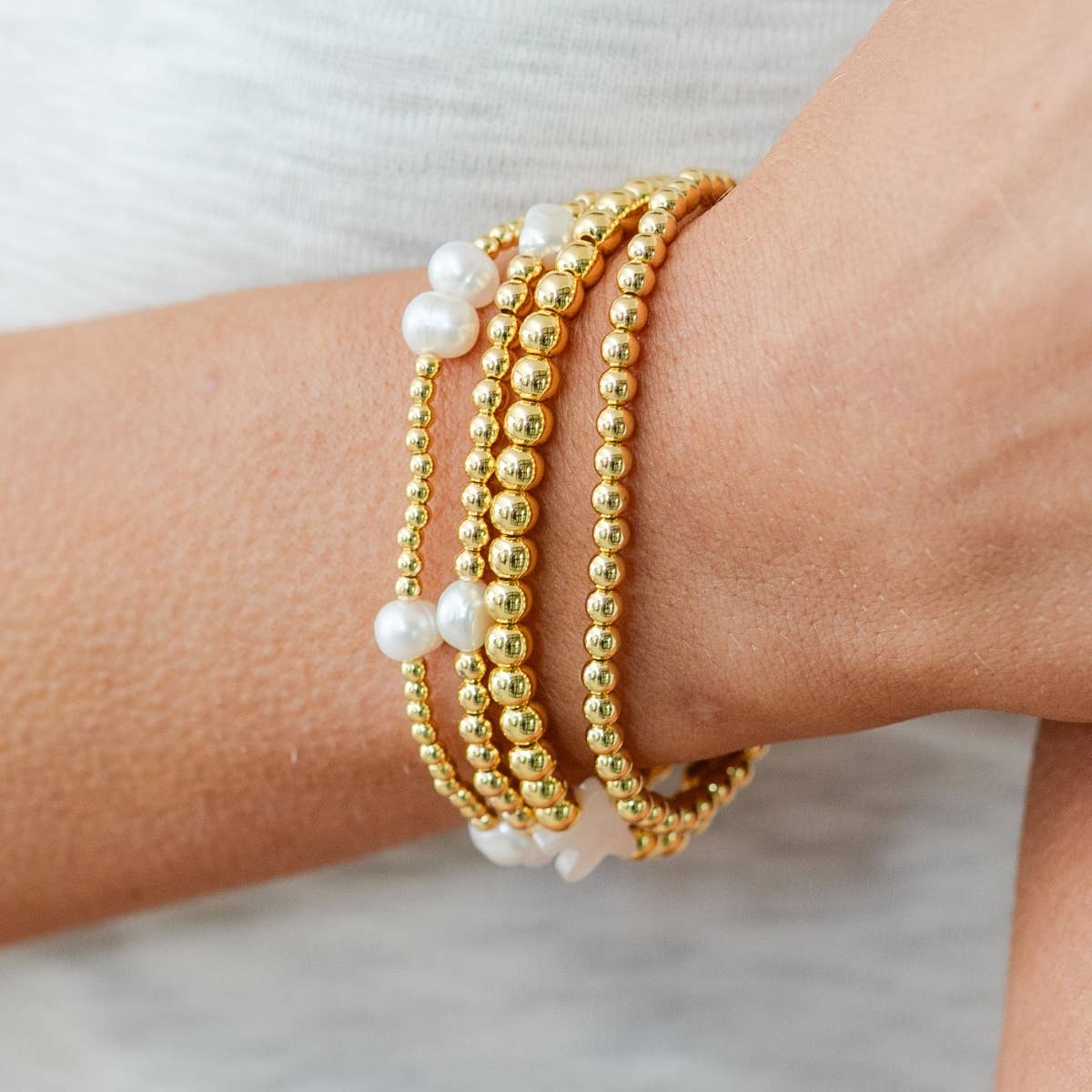 3mm Stretch Bead Bracelets with Large Pearl Accents