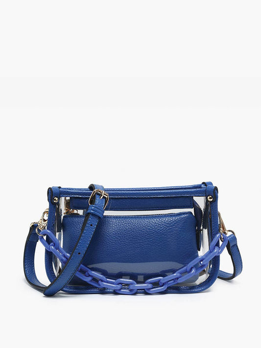 Royal Blue Jessica Stadium Clear Crossbody Bag with mini Chain Strap