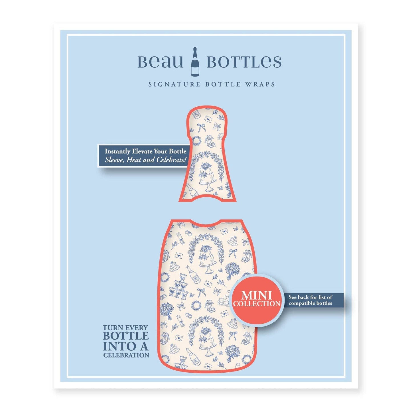 Beau Bottles Blue & Ivory WeddingToile- MINI Prosecco Collection - Set of Six Wraps