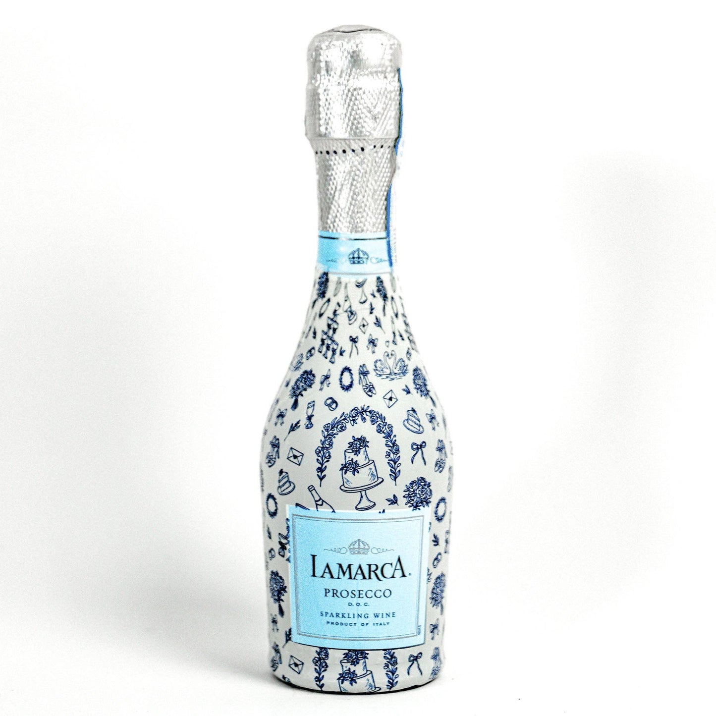 Beau Bottles Blue & Ivory WeddingToile- MINI Prosecco Collection - Set of Six Wraps