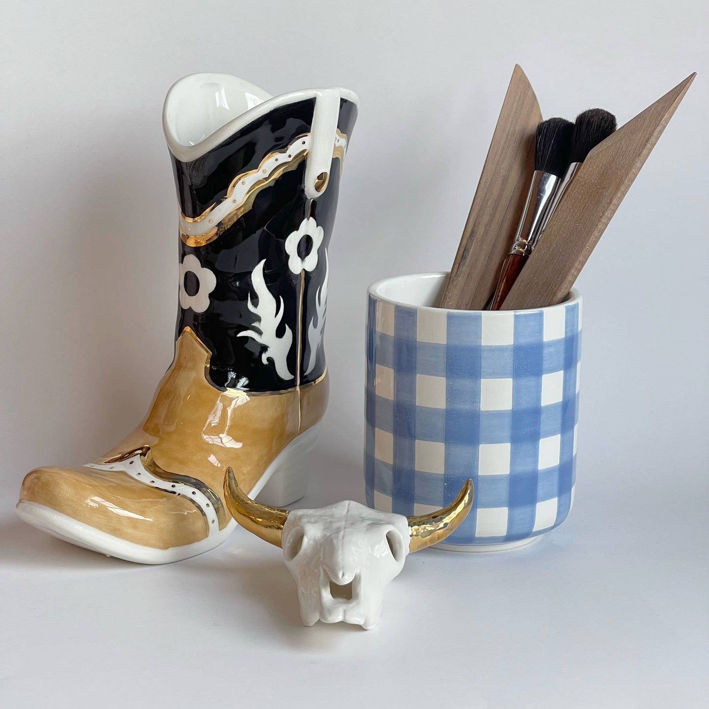 Two Tone Cowboy Boot Vase: Ruby Red / Star Accent