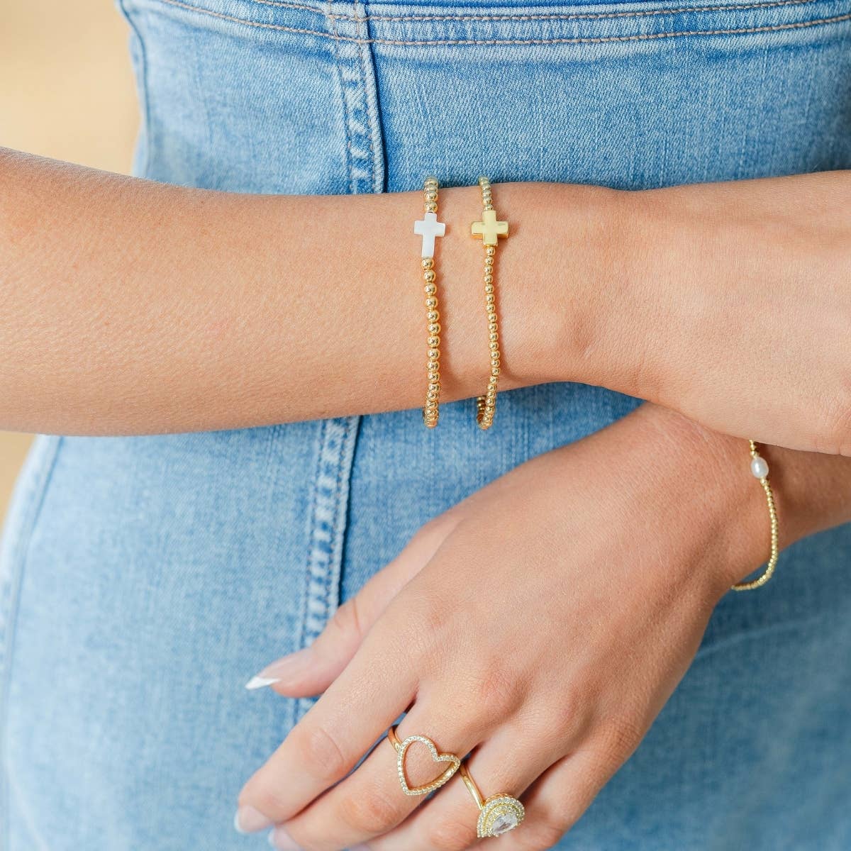 3mm Beaded Stretch Bracelet with Single Balanced Gold Cross