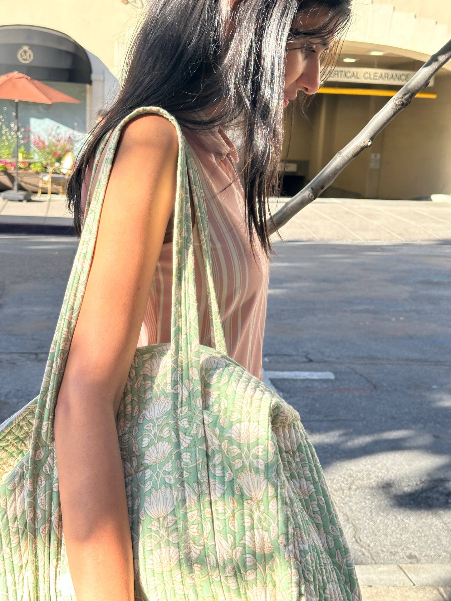 Green Mogra Hand Block Printed Quilted Duffle Bag