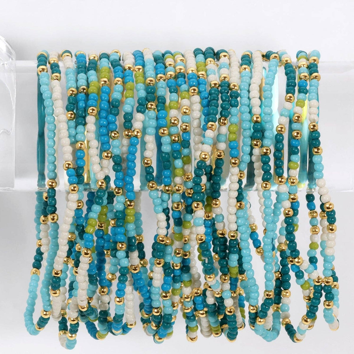 Assorted 2mm Stretch Seed Bead Bracelets: Coral/Light Blue/Lime
