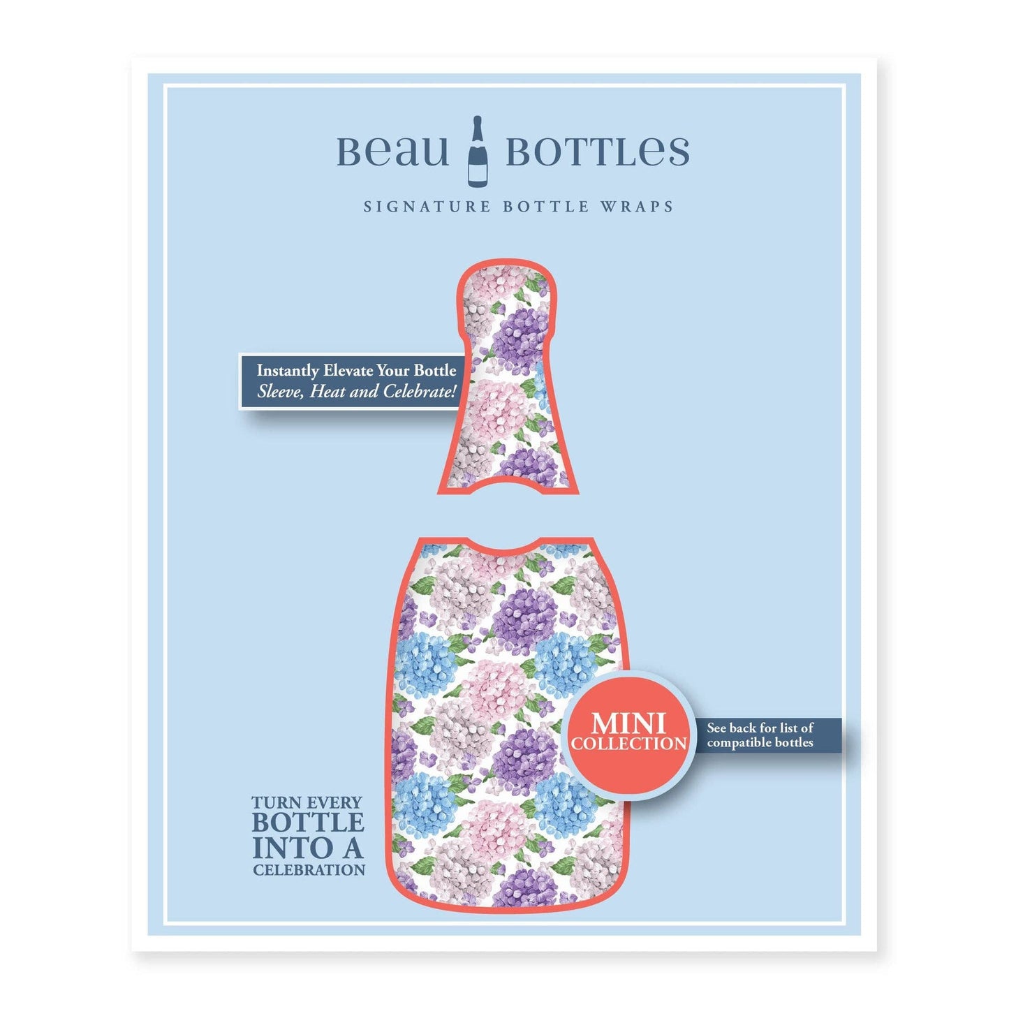 Beau Bottles Blue and Blush Hydrangeas- MINI Prosecco Collection - Set of Six Wraps