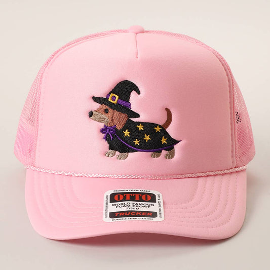 Pink Witch Dachshund Embroidered Foam Trucker Hat