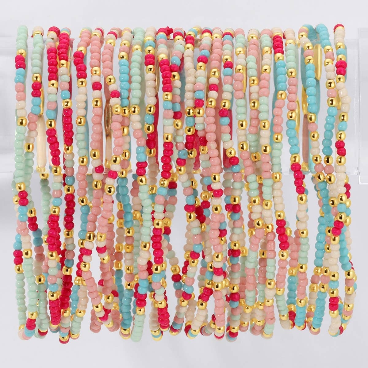 Assorted 2mm Stretch Seed Bead Bracelets: Coral/Light Blue/Lime