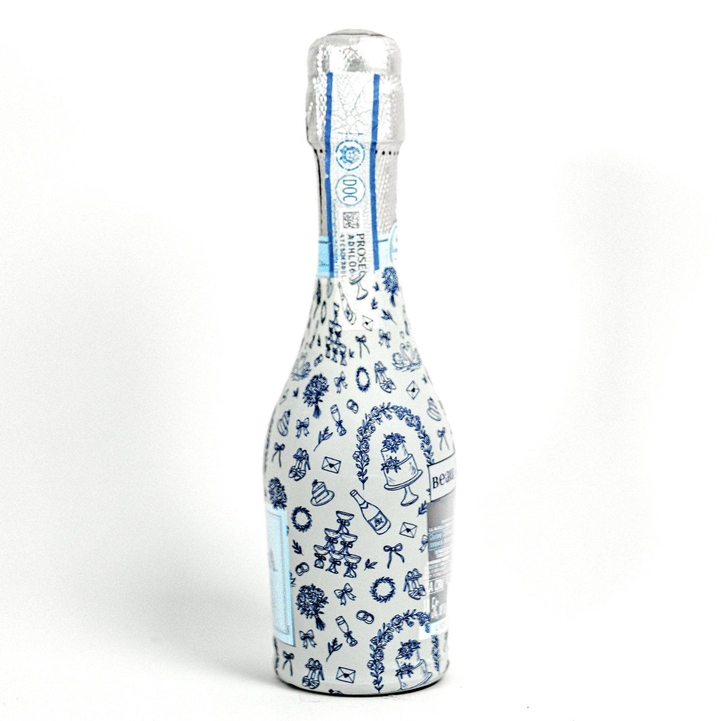 Beau Bottles Blue & Ivory WeddingToile- MINI Prosecco Collection - Set of Six Wraps