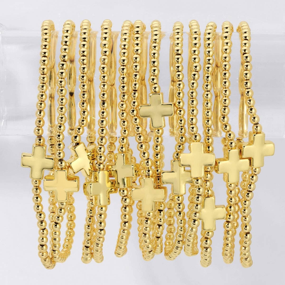 3mm Beaded Stretch Bracelet with Single Balanced Gold Cross