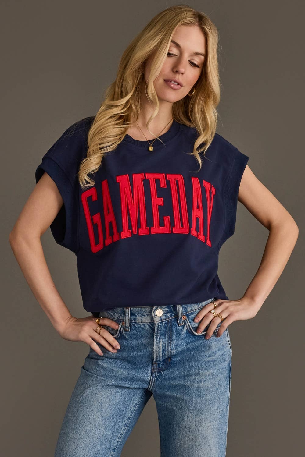 Navy & Red Game Day Short Sleeve Sweatshirt