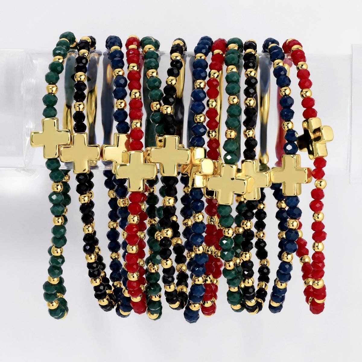 Assorted Crystal Stretch Bracelets w/ Single Balanced Cross: Soft