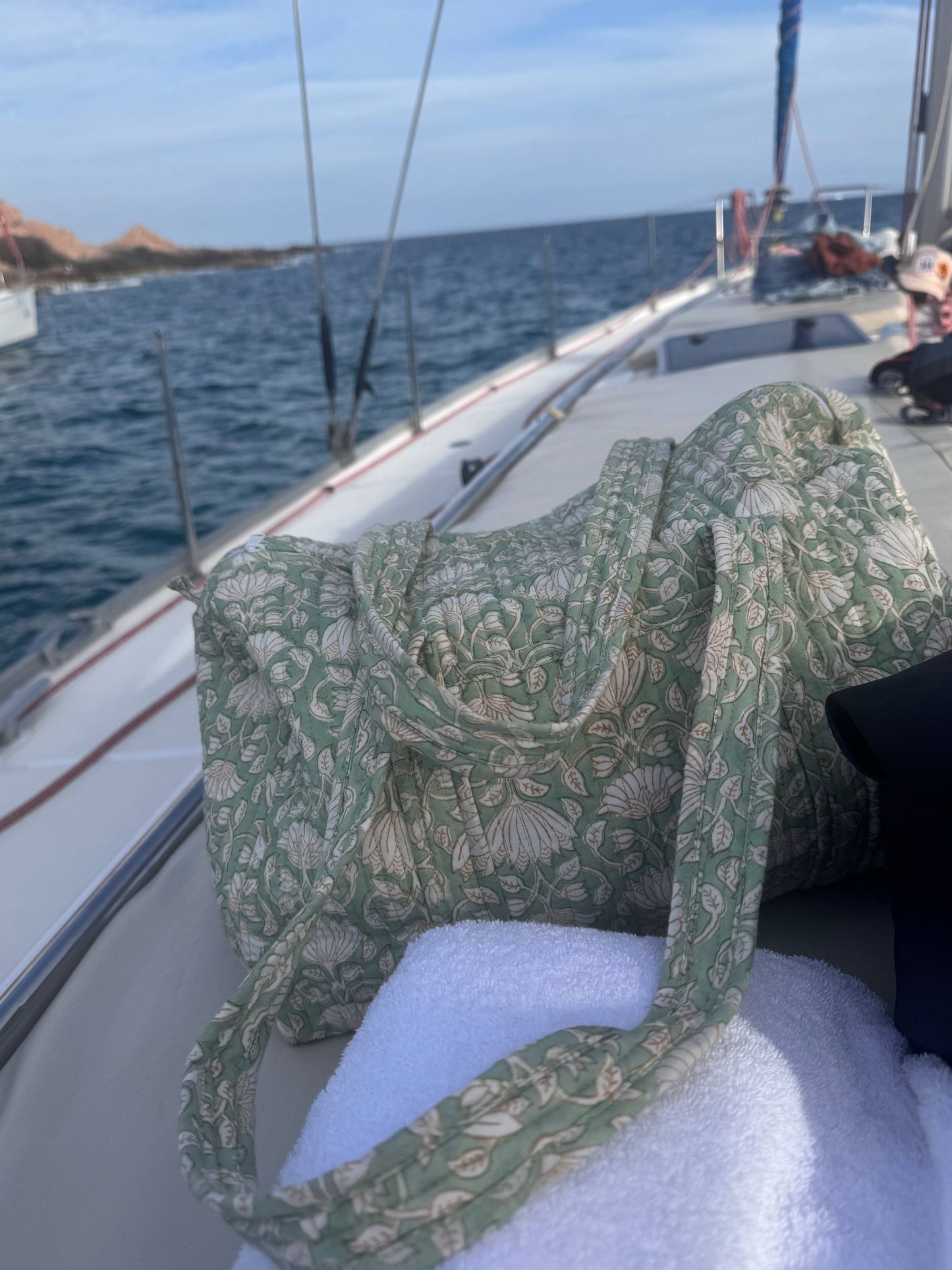 Green Mogra Hand Block Printed Quilted Duffle Bag