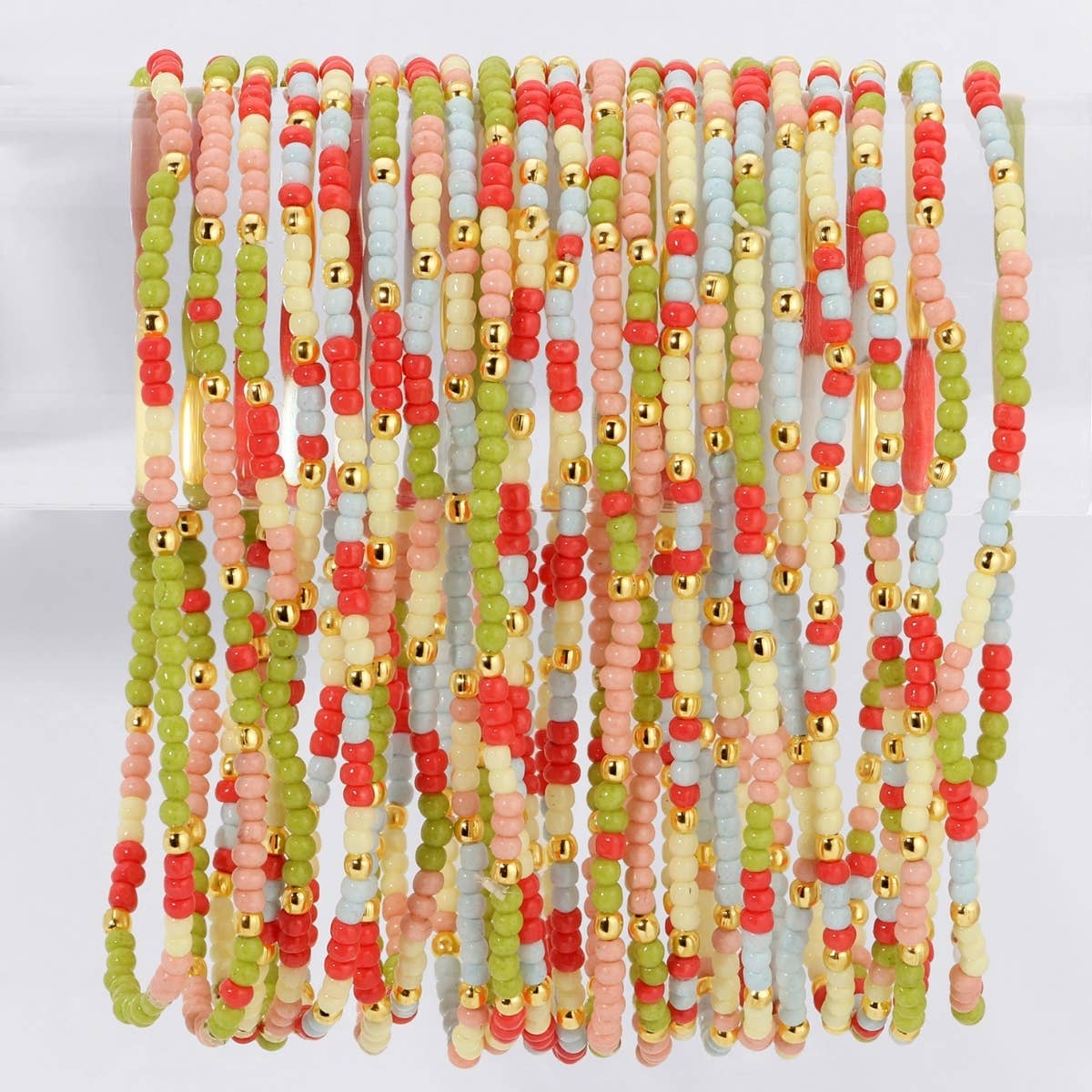 Assorted 2mm Stretch Seed Bead Bracelets: Coral/Light Blue/Lime