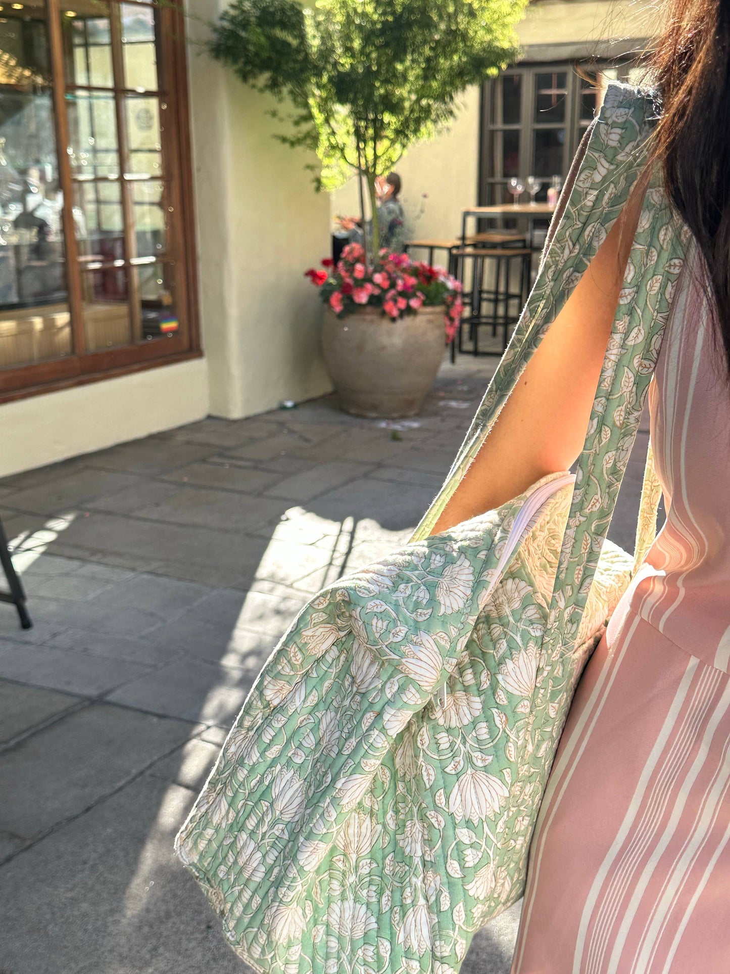 Green Mogra Hand Block Printed Quilted Duffle Bag