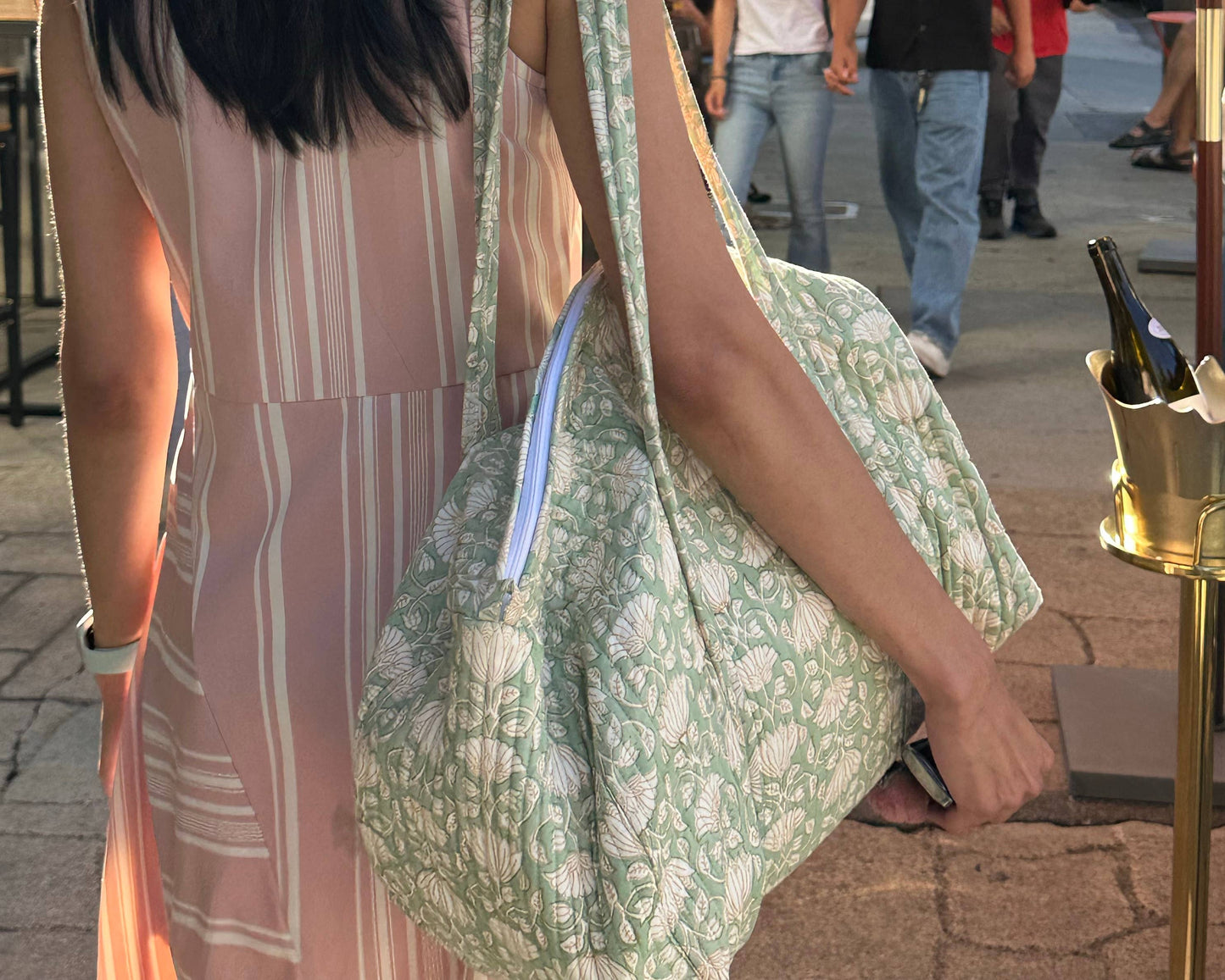 Green Mogra Hand Block Printed Quilted Duffle Bag