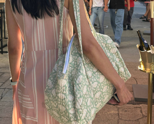 Green Mogra Hand Block Printed Quilted Duffle Bag