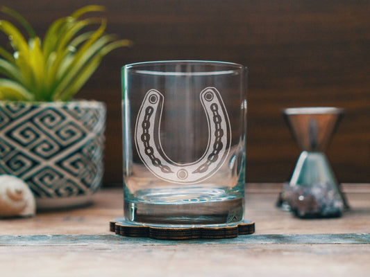 Horseshoe Etched Double Old Fashion Glass