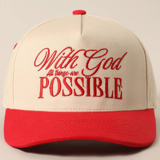 RED With God All Possible Embroidery Baseball Cap