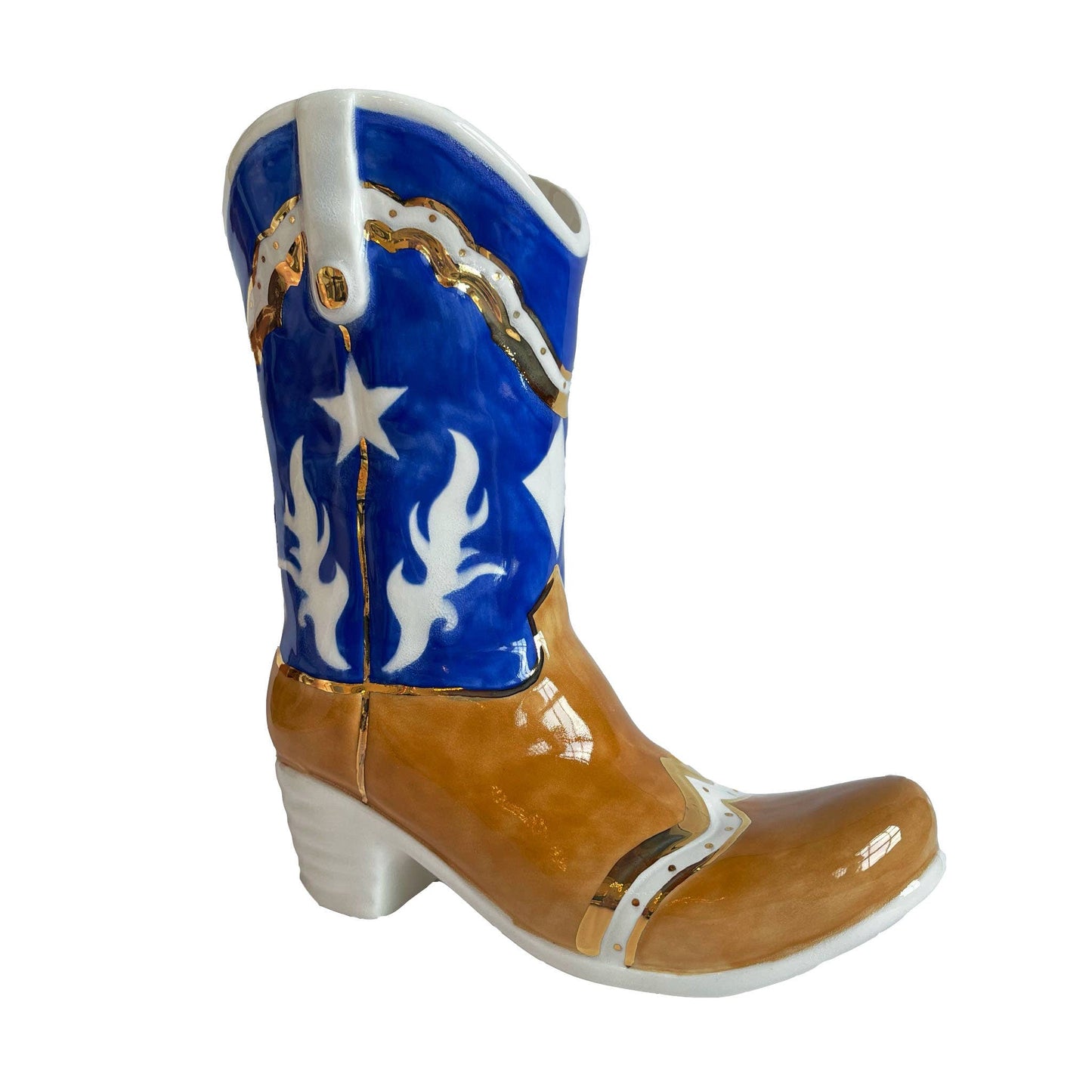 Two Tone Cowboy Boot Vase: Dutch Boy Blue / Star Accent