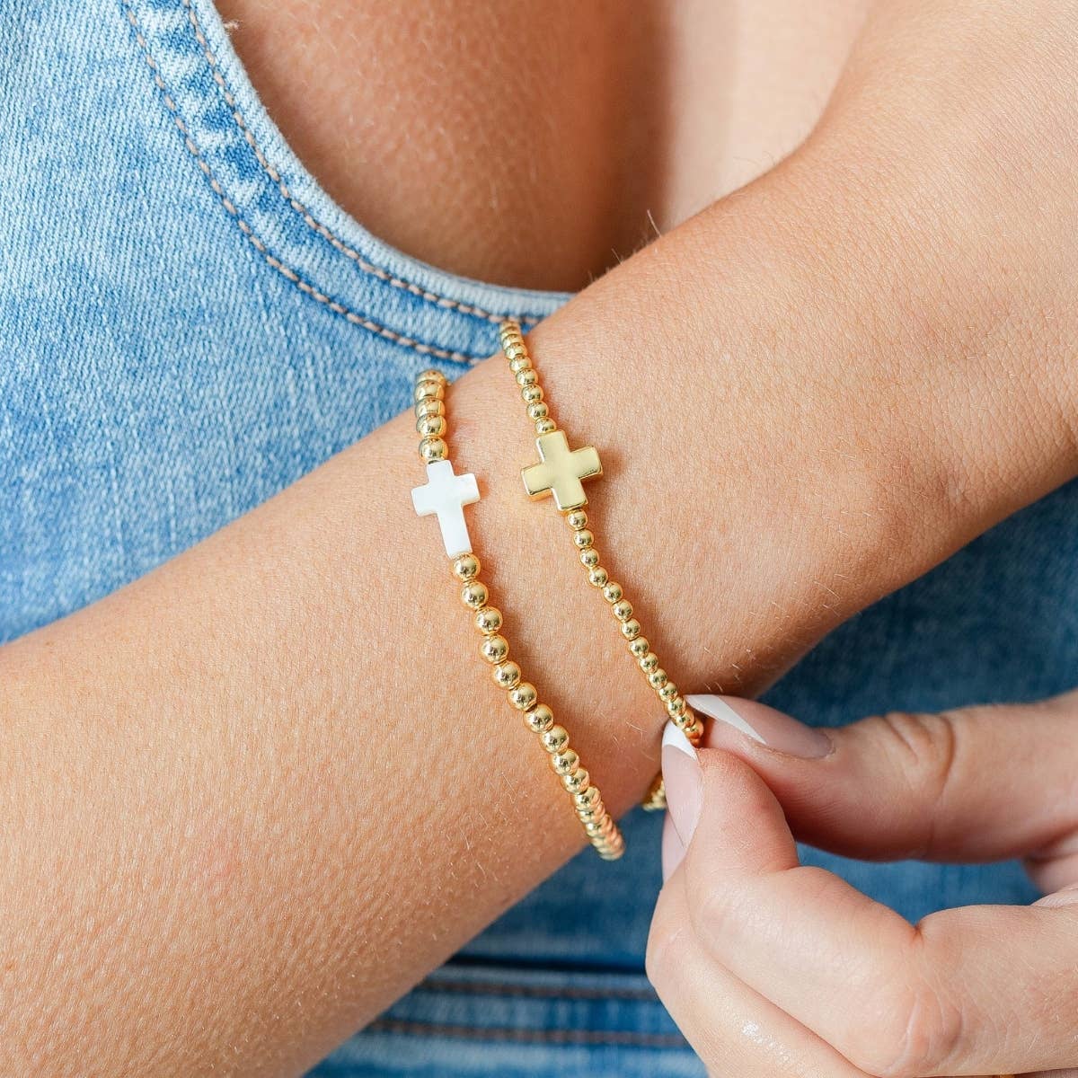 3mm Beaded Stretch Bracelet with Single Balanced Gold Cross