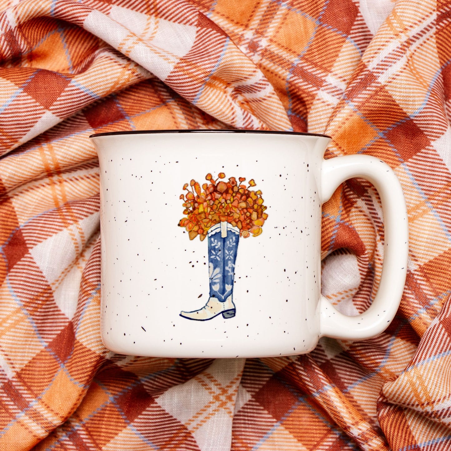 Blue & White Boot Mug | Ceramic Camp Mug Speckled in Cream | 13oz
