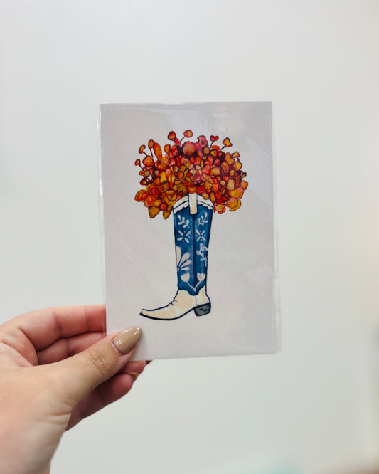 Hand Drawn Blue Boot with Fall Foliage by Caitlin Kramer