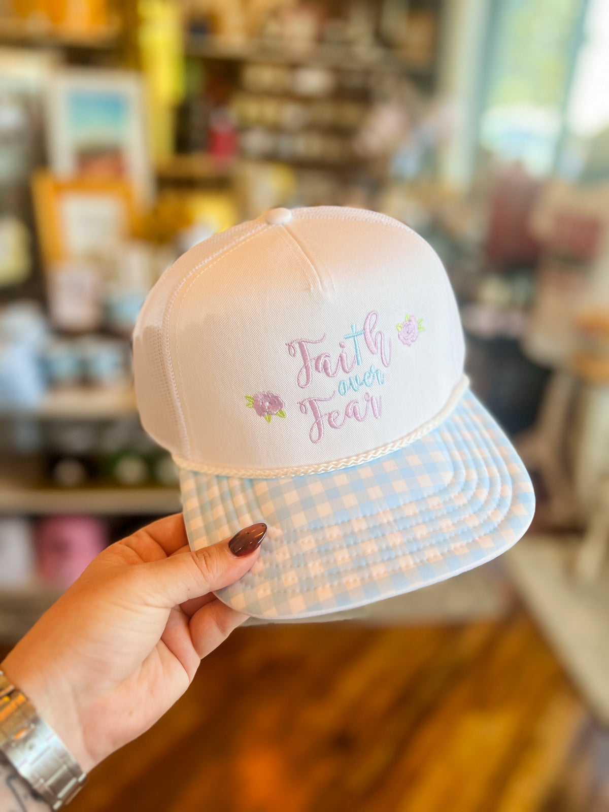 "FAITH OVER FEAR" Embroidered Trucker Hat / Gingham