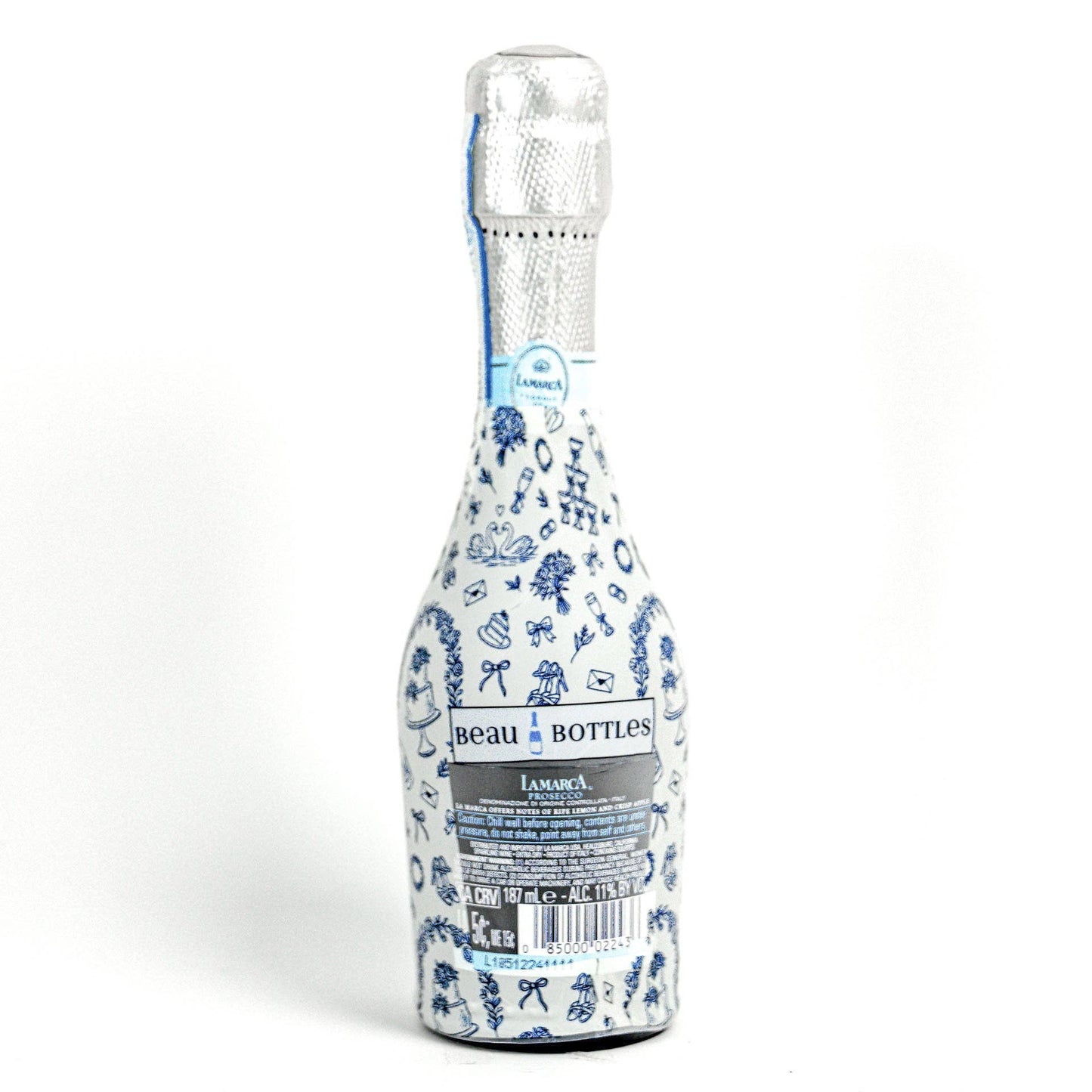 Beau Bottles Blue & Ivory WeddingToile- MINI Prosecco Collection - Set of Six Wraps