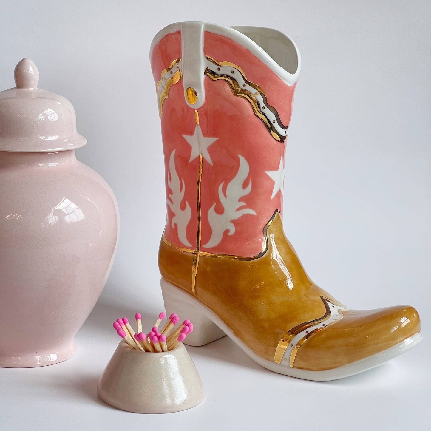 Two Tone Cowboy Boot Vase: Ruby Red / Star Accent