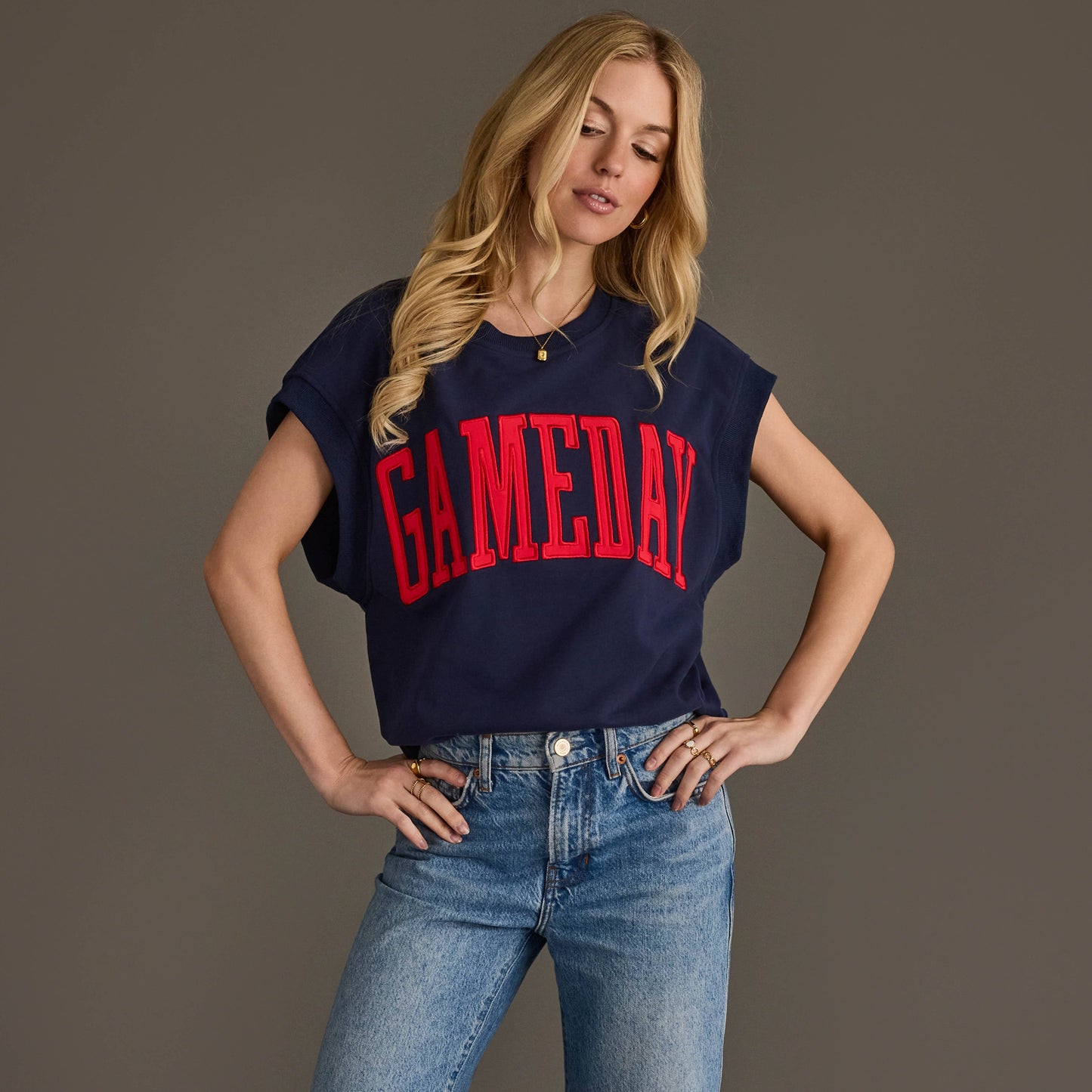Navy & Red Game Day Short Sleeve Sweatshirt