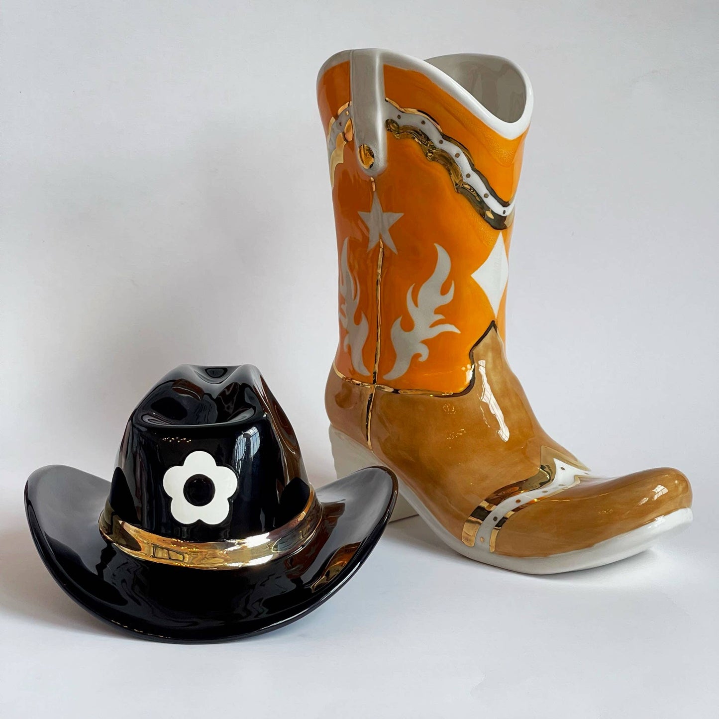 Two Tone Cowboy Boot Vase: Dutch Boy Blue / Star Accent