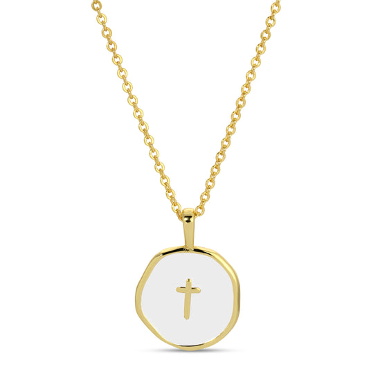 Minimal Cross Medallion Necklace: White