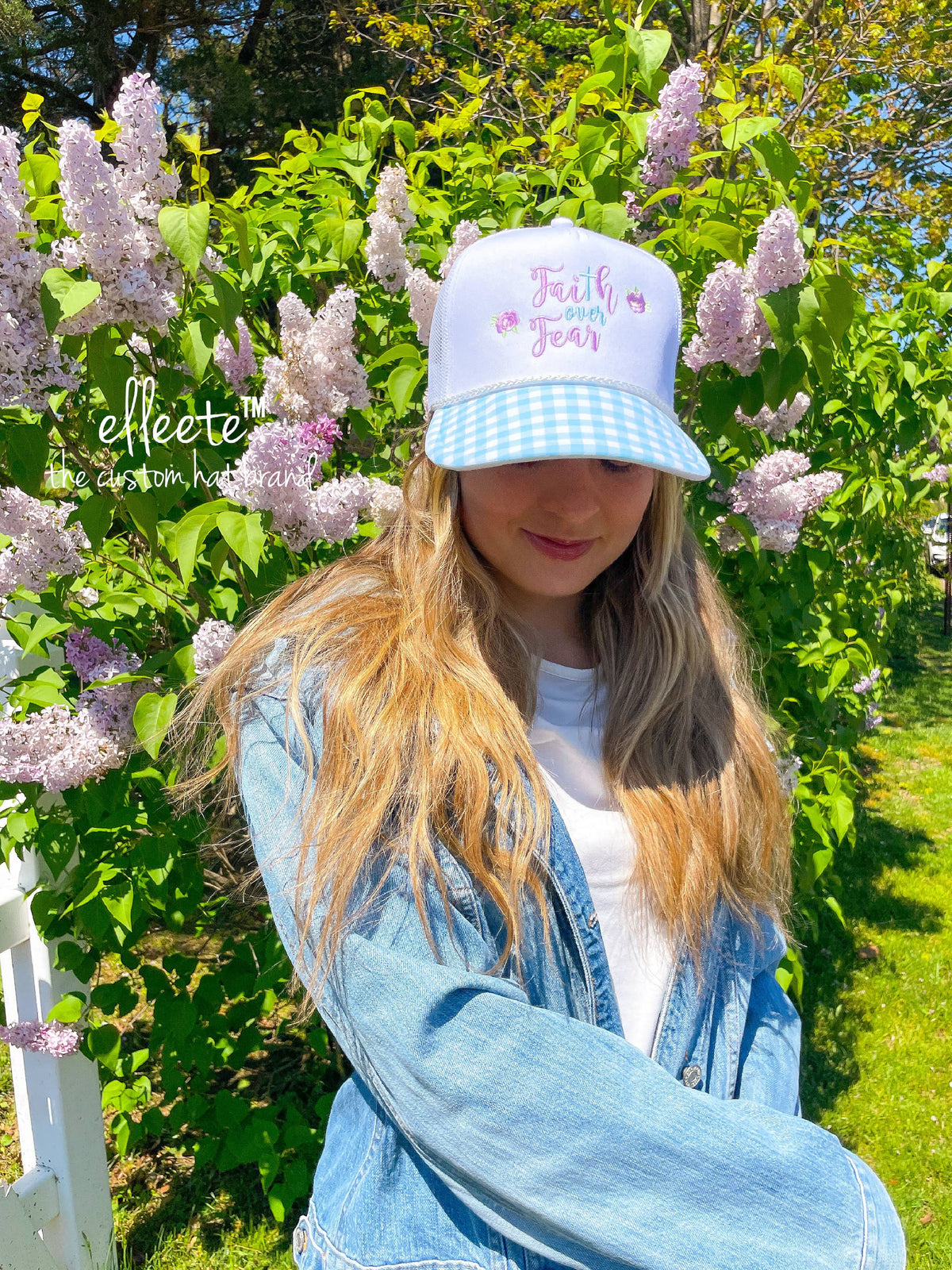 "FAITH OVER FEAR" Embroidered Trucker Hat / Gingham