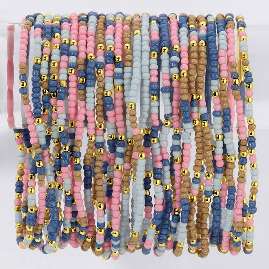 Assorted 2mm Stretch Seed Bead Bracelets: Periwinkle/Taupe/Pink