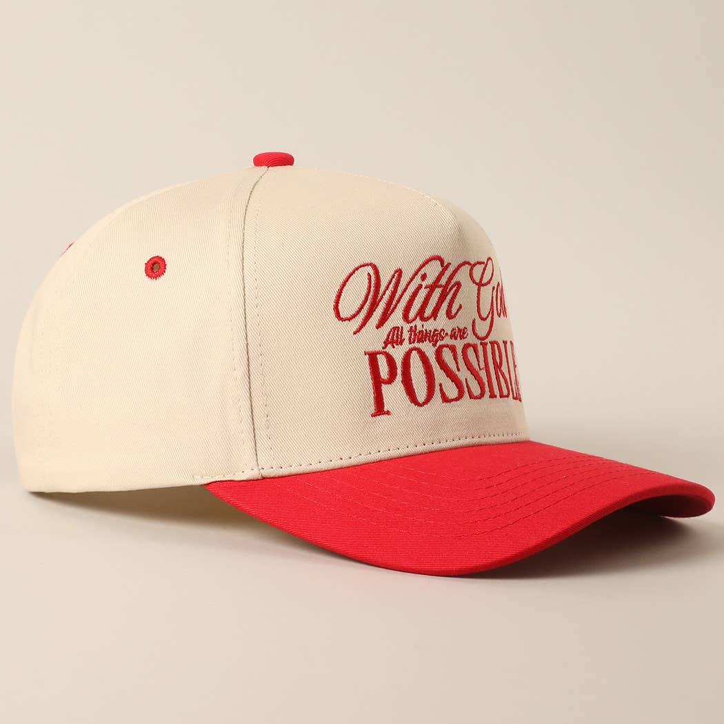 RED With God All Possible Embroidery Baseball Cap