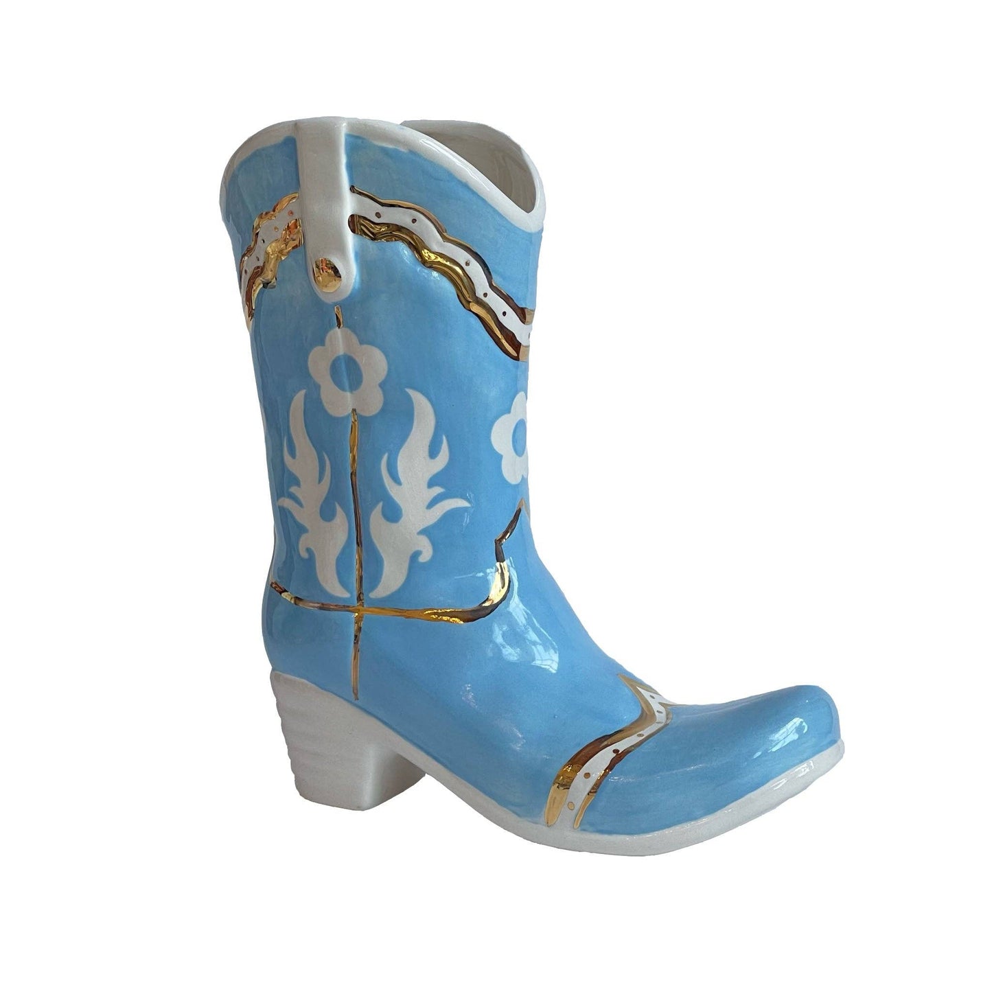 Single Tone Cowboy Boot Vase: Big Sky Blue / Flower Accent