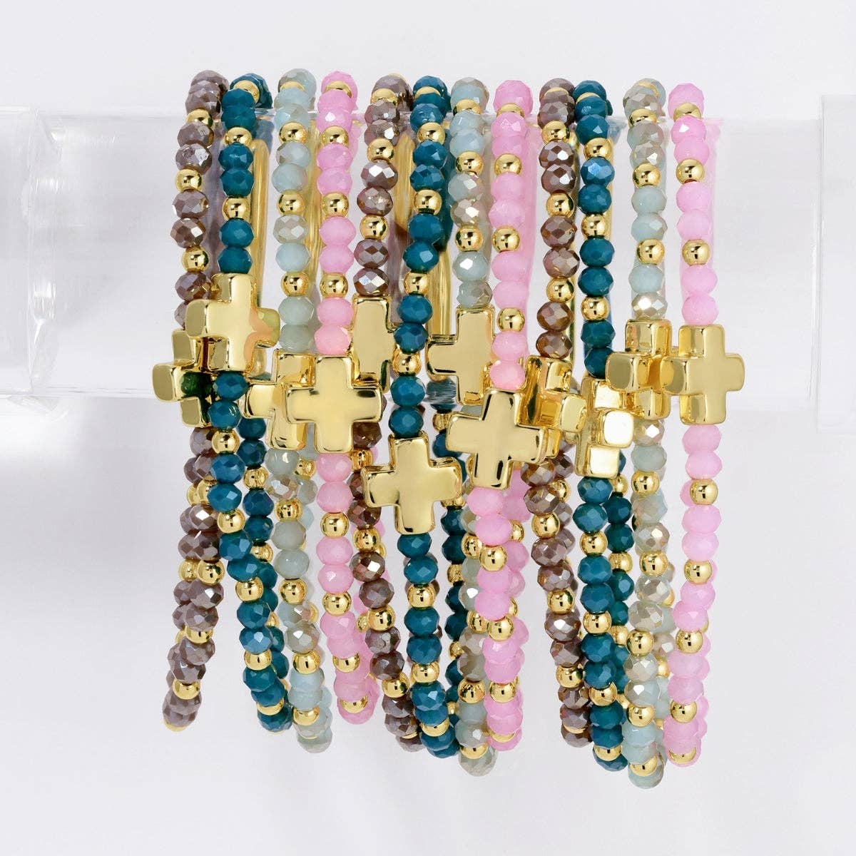 Assorted Crystal Stretch Bracelets w/ Single Balanced Cross: Soft