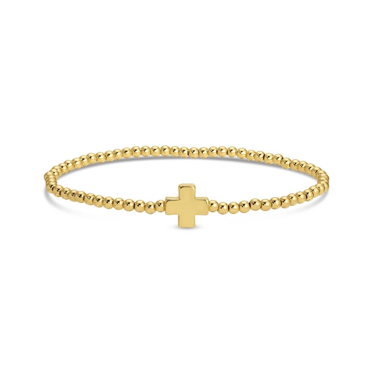3mm Beaded Stretch Bracelet with Single Balanced Gold Cross