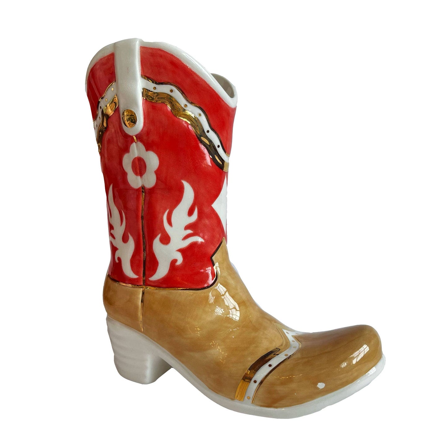 Two Tone Cowboy Boot Vase: Ruby Red / Star Accent